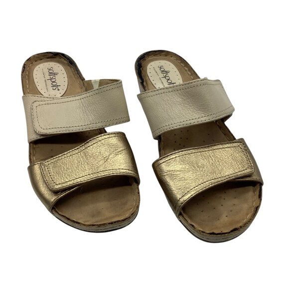 Softspots Beige Gold Wedge Sandals Hook Loop Straps Women Sz 7.5 - Picture 5 of 6